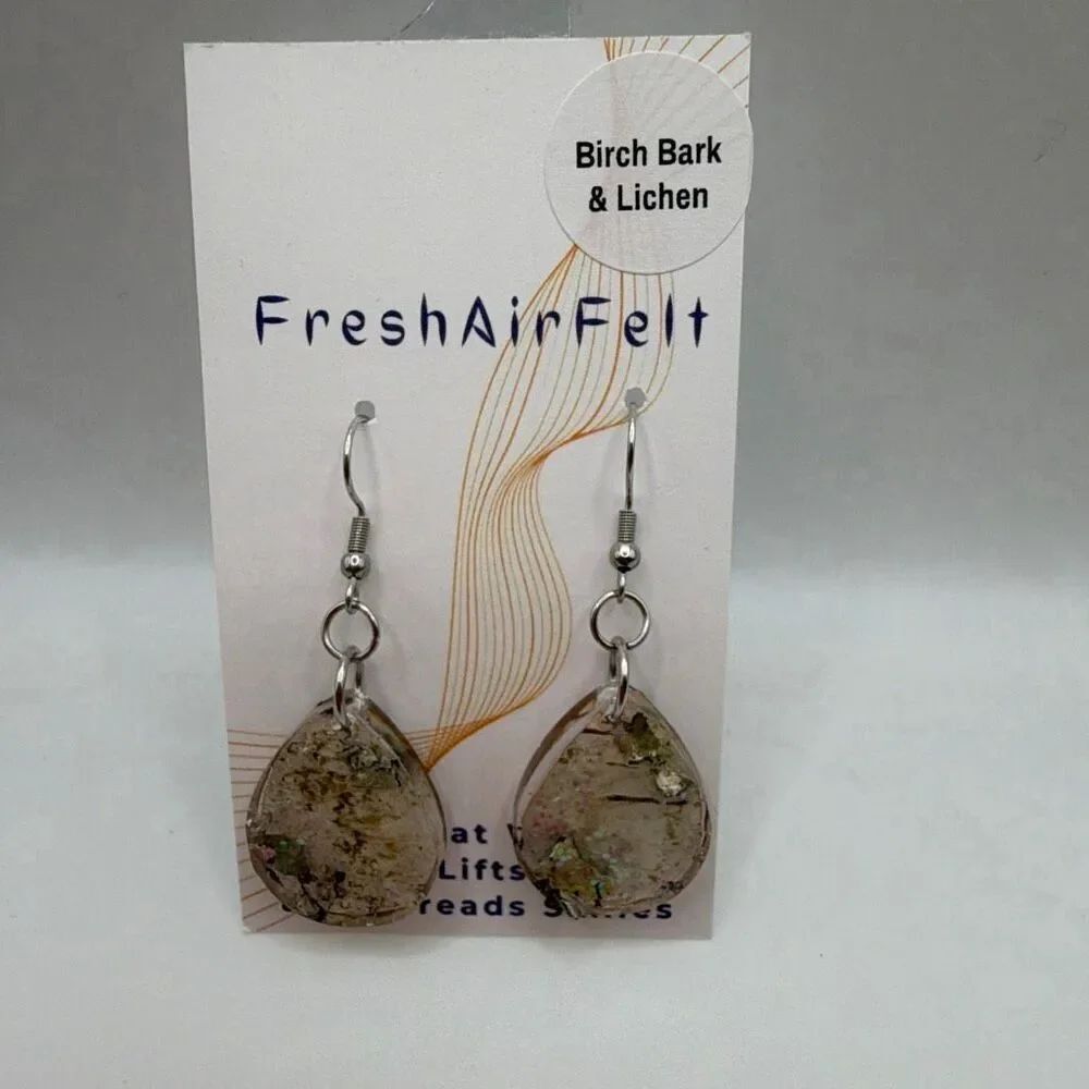 Birch Bark & lichen Unique hand crafted Resin Stainless drop steel earrings